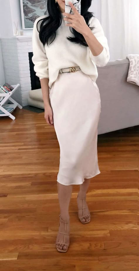 Sweater Satin Dress, Slip Dress Outfit For Wedding, Satin Slip Dress With Sweater, Satin Slip Dress And Jumper, Layered Winter Dresses, Belted Slip Dress, Belted Winter Dress, Belt Sweater Dress, What To Wear Over Slip Dress