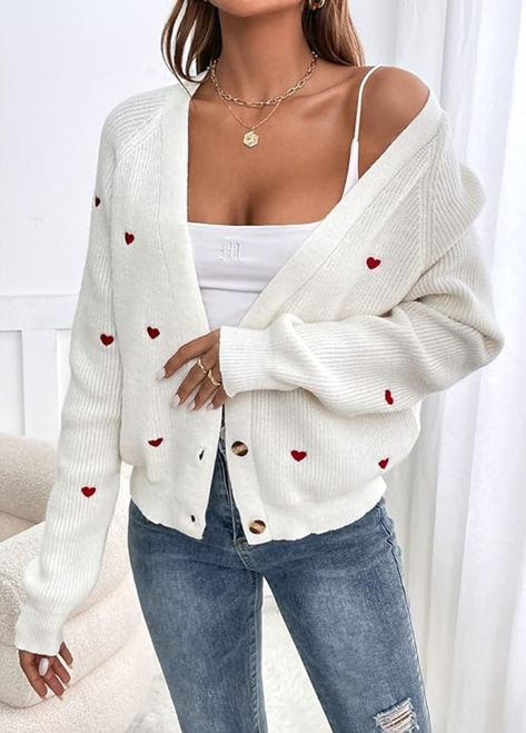 Women's Heart Embroidery Button Front Long Sleeve Knit Cardigan Sweater Heart Embroidery, Elegant Fabric, Cardigan Casual, Long Sleeve Knitted Cardigan, Outwear Women, Casual School Outfits, Knit Cardigan Sweater, Casual Cardigans, Women's Casual Style