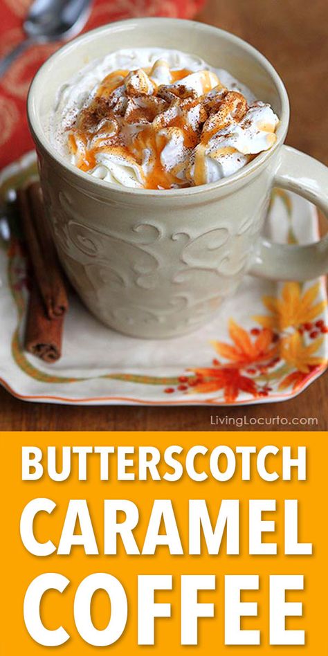 This simple Butterscotch Caramel Coffee Recipe makes the perfect drink for cold nights! Get the free printable recipe card for a party coffee bar. Fun idea for Thanksgiving, Christmas or any holiday party. #coffee #caramel #party #drinks #butterscotch #cocktails #recipe #hotdrink #livinglocurto #freeprintable