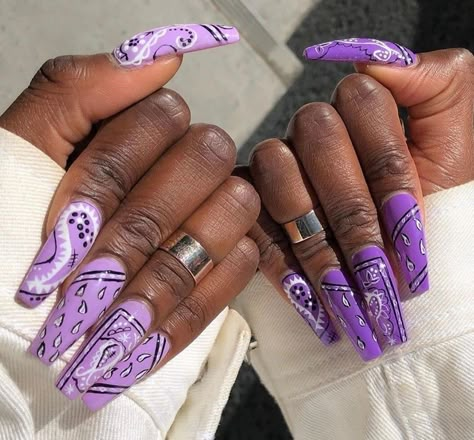 Purple Bandana Nails, Blue Bandana Nails, Lowrider Nail Designs, Bandana Nail Art, Chicana Nails, Bandana Nails, Finger Nail Art, Blue Acrylic Nails, Long Nail Designs