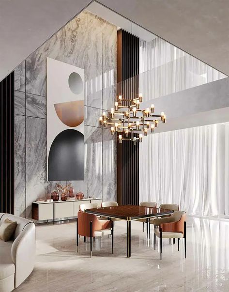 Giuliette - Capital Collection Double Height Wall Design Modern, Copper Chairs, Duplex Wall, Double Height Living Room, Bar Restaurant Design, Upholstered Chairs Fabric, Architecture Restaurant, High Ceiling Living Room, Interior Design Per La Casa