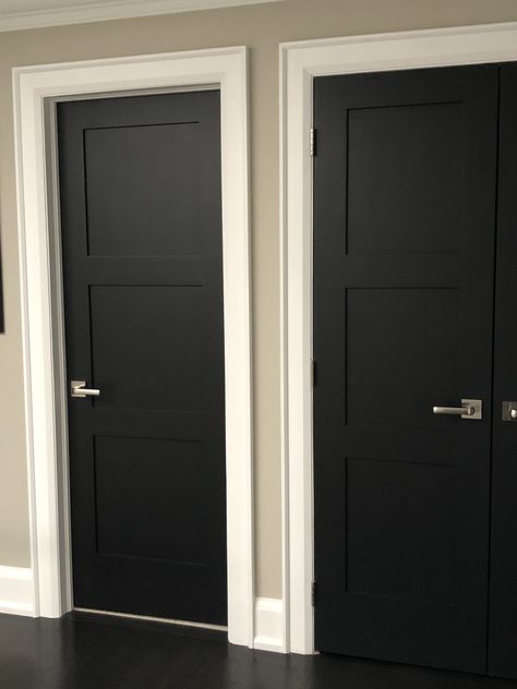 Dark Grey Bedroom Doors, Graphite Doors Interior, Black Door White Frame, Hallway Doors Black, Indoor Black Doors, Black Doors In Hallway, Black Architraves, Charcoal Interior Doors, Black Bedroom Doors