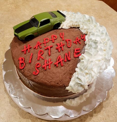 I made this cake with a 1973 Chevy Camaro doing a burnout on the top. Burnout Cake Ideas, Car Guy Cake Ideas, Car Burnout Cake, Car Guy Cake, Burn Out Cake Ideas, Car Birthday Cake For Men, Car Cake Designs For Men, Funny Bday Cakes For Men, Truck Cakes For Men