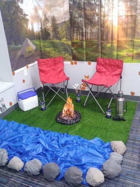 Camping Imaginative Play, Camping Theme Decorations Diy, Tent In Classroom, Classroom Camping Ideas, Camp Day In The Classroom, Camp Theme Vbs Decorations, Vbs Camp Firelight Decorations, Preschool Camping Dramatic Play, Camping Dramatic Play Preschool Ideas