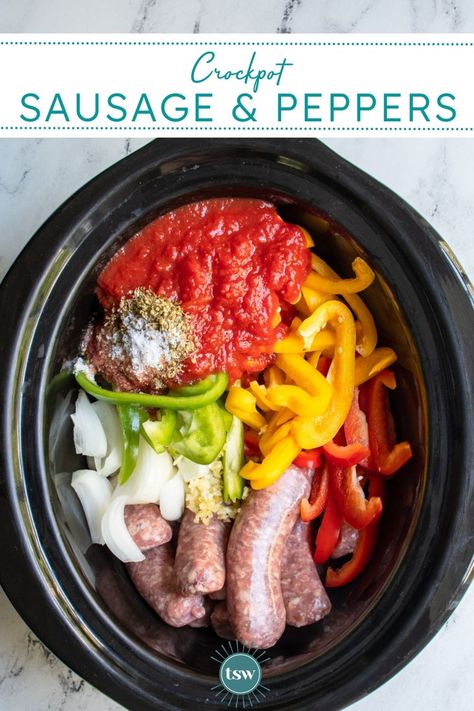 Easy to make, this recipe for Crockpot Sausage and Peppers will be an instant hit. Just dump and go and this meal cooks itself with delicious sausages together with peppers, onions, and canned tomatoes to make a meal everyone will love. Crockpot Sausage and Peppers, Slow Cooker Sausage and Peppers, Italian Sausage Crockpot, sausage peppers and onions crockpot, Slow Cooker Italian Sausage