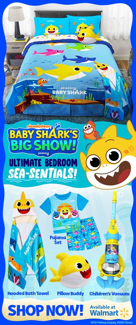 Kids can dive into an ocean of fun with Baby Shark’s Big Show Home, Bedding, Apparel & more! The Baby Shark Kid’s Comforter and Sheets, Hooded Bath Towel, Pajama Set, Pillow Buddy and Children’s Vacuum are the perfect items for your child to swim in an ocean of fun! Shop now at Walmart! Shark Boys Room, Shark Room, Sharks For Kids, Hooded Bath Towels, Wooden Playhouse, Kid Lifestyle, Digital Closet, Boys Bathroom