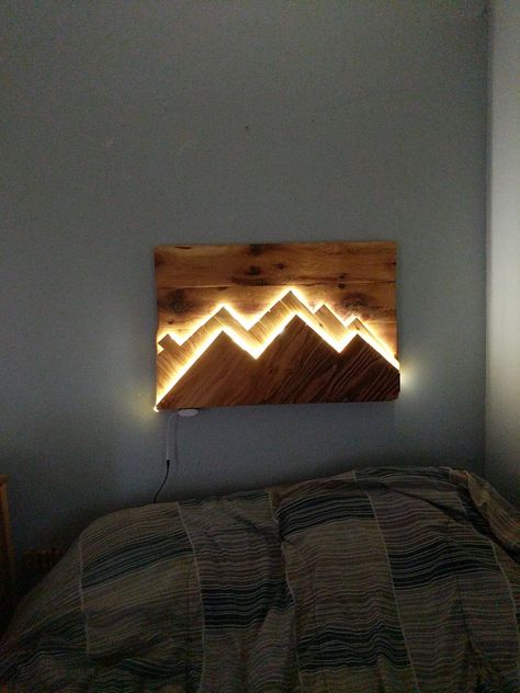 Lighted mountains wall art. Contact me for details on how to make or if you would like one made. Boxy Pouch, Mountains Wall Art, Lashes Mascara, Rustic Wood Walls, Into The Wood, Scandinavian Wall, Eyeshadow Eyeliner, Diy Holz, Mountain Wall Art