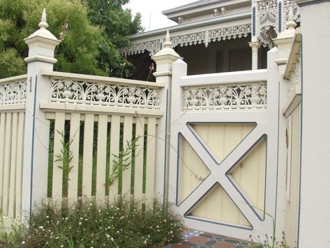 Victorian Fence Designs Victorian House Fence, Victorian Walled Garden, Victorian Picket Fence, Gothic Picket Fence, Victorian Iron Fence, Wooden Fence Panels, Victorian Greenhouse, Victorian Gardens, Outdoor Fencing