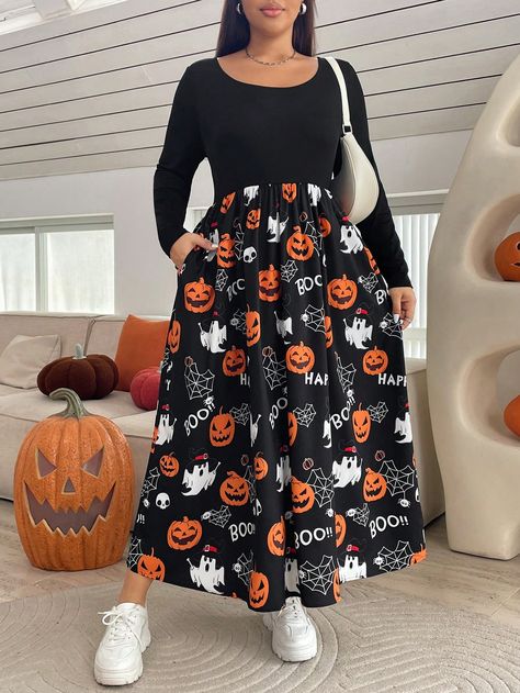 Plus-Size Women's Halloween Dress, Black Dress, 2 Pocket Pumpkin Dress,Witchy Clothes Midi Women Dresses,Fall Women Dresses Long Black Dress,Halloween Clothes Plus Black Skirt Black Casual  Long Sleeve Woven Fabric Colorblock,Halloween,Letter A Line Non-Stretch  Women Plus Clothing, size features are:Bust: ,Length: ,Sleeve Length: Black Dress Halloween, Dresses Long Black, Witchy Clothes, Leopard Tights, Pumpkin Dress, Halloween Clothes, Halloween Letters, Dresses Fall, Effortless Hairstyles