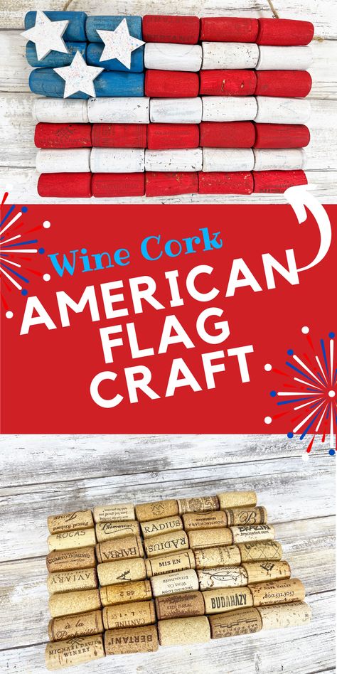 Put those recycled wine corks to good use to make this super cute Wine Cork American Flag Craft. You can make this easy craft in about half an hour. Wine Cork American Flag, Wine Cork Anchor, American Flag Craft, American Flag Diy, Wine Cork Projects Wreaths & Garlands, American Flag Crafts, Recycled Wine Corks, Flag Diy, Flag Crafts