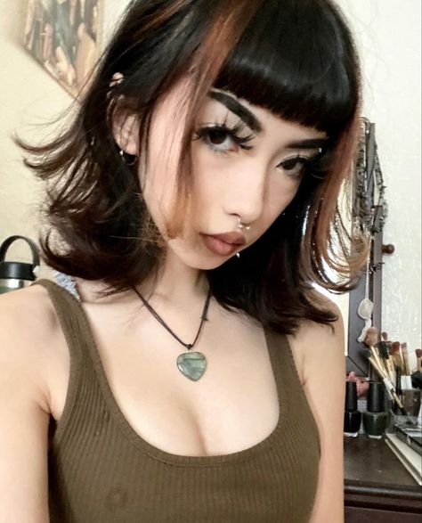 Dark Brown Goth Hair, Medium Goth Hair, Goth Brown Hair, Brown Hair Goth, Shoulder Length Hair With Bangs, Short Brown Hair, Girl With Brown Hair, Hair Stylist Life, Mullet Hairstyle