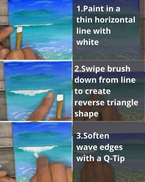 Beach Painting Easy Step By Step, Beach Scene Painting Easy, How To Paint Waves Acrylic Step By Step, How To Paint Waves Step By Step, How To Paint The Ocean With Acrylics, How To Paint A Beach Scene For Beginners, Ocean Painting Acrylic Beach Scenes, Paint Beach Scene Easy, Step By Step Beach Painting