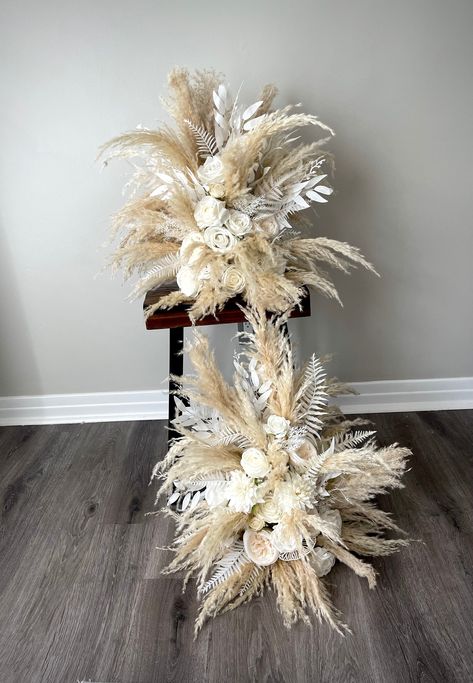 "This listing includes 1 custom arrangement. Size of each arrangement is 18\" by 15\". Matching bouquets: https://www.etsy.com/listing/1580901960/orchid-boho-tropical-white-ivory-wedding?ref=listing_published_alert Matching stand centrepieces: https://www.etsy.com/listing/1580901960/orchid-boho-tropical-white-ivory-wedding?ref=listings_manager_grid Colors can be changed, removed or substituted for other colors.  Please feel free to leave a note for any additional instructions! If you have any qu Boho Beach Centerpieces Wedding, White Green Decor, Feather Wedding Decorations, Wedding Aisles, Arch Arrangement, Flowers Eucalyptus, Aisle Markers, Boho Tropical, Aisle Flowers