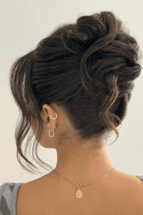 elegant updos, medium hair, hairstyle inspirations Wedding Updo With Front Pieces, Modern Updos For Medium Length Hair, Updo With Medium Length Hair, Hairstyles For Prom Long Hair Updo, Updos For Medium Length Hair High Bun, Up Do Hairstyles Medium Length Hair, Loose Updo Wedding Guest, Prom Updos Medium Hair, Hair Wedding Guest Medium