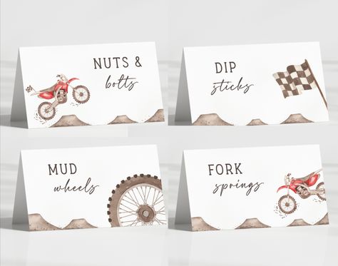 Blue Dirt Bike, Bike Birthday Parties, Dirt Bike Party, Bike Birthday, Bike Food, Dirt Bike Birthday, Birthday Table Decorations, Drink Labels, Food Tent