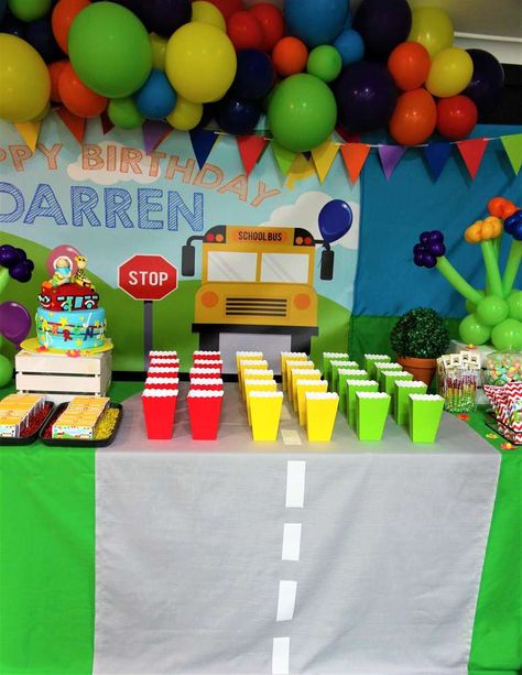 The Wheels on the Bus Birthday Party Ideas | Photo 3 of 23 | Catch My Party Wheels Of The Bus Theme Party, Wheels On The Bus Theme Party, Wheels On The Bus Cocomelon Birthday Party, Wheels On The Bus Balloon Arch, School Bus Centerpiece Party Ideas, Wheels On The Bus Birthday Party Food, Cocomelon Wheels On The Bus Party, Tayo Bus Birthday Party Ideas, Wheels On The Bus Birthday Party Theme