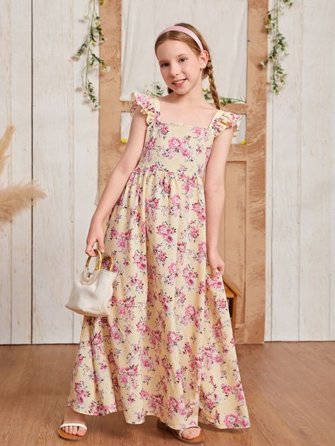 Multicolor Dressy  Cap Sleeve Polyester Floral,All Over Print A Line Embellished Non-Stretch  Girls Clothing Frock Design For Wedding, Baby Girl Frock Designs, Baby Frock Designs, Girl Frock, Designer Summer Dresses, Frock Designs, Floral Frocks, Print Butterfly