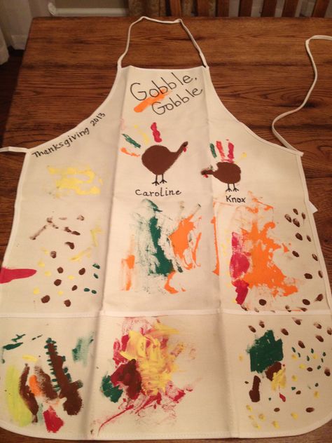 Thanksgiving Hostess Gift for Nana  Turkey apron with kiddos' handprints and original designs Thanksgiving Aprons, Aprons For Kids, Hostess Gifts Thanksgiving, Thanksgiving Hostess, Hostess Apron, Daycare Crafts, Nana Gifts, Kids Apron, Thanksgiving Gift