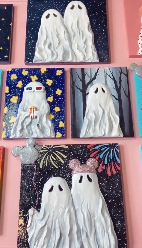 Clay Canvas Ideas, Clay Art On Canvas Easy, Halloween Art Painting Canvases, Skeleton Art Painting, Cool Art Ideas Creative, Textured Halloween Art, Halloween Painting Simple, Ghost Painting Ideas On Canvas, Halloween Texture Art