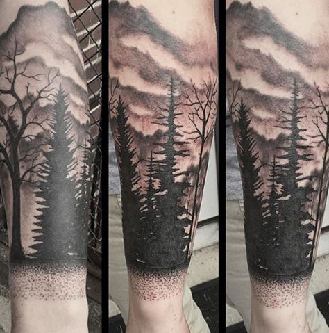 Mens Cloud Sky Tree Tattoo Forearm With Shaded Ink Forearm Tree Tattoo, Tree Arm Tattoo, Tattoo Designs Men Forearm, Forest Tattoo Design, Arm Tattoos For Women Forearm, Mountain Ideas, Tree Sleeve Tattoo, Tattoo Mountain, Tree Tattoo Forearm