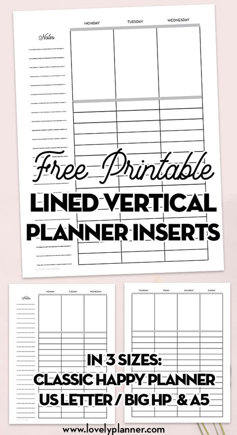 Free Printable Lined Vertical Weekly Layout for Happy Planner and other sizes of planners. 3 sizes included: US letter, Classic Happy Planner & A5. #freeprintable #printable #planner #happyplanner #lovelyplanner Happy Planner Punch, Happy Planner Free Printable, Happy Planner Printables, Weekly Planner Free Printable, Weekly Planner Inserts, Weekly Planner Free, To Do Planner, Types Of Planners, Happy Planner Layout