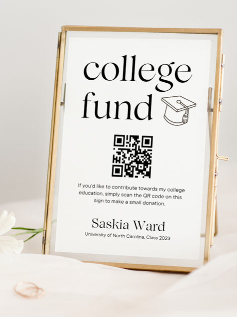 et the QR Code College Fund Graduation Sign today and make a lasting impact on the future of a deserving graduate. Join the innovative trend and revolutionize the way you raise funds for college expenses. Whether you're a guest looking to make a meaningful contribution or a host seeking a unique and interactive way to raise funds, the QR Code College Fund Graduation Sign is the perfect solution. It offers a convenient and secure platform to collect financial support, Fund A Need Display, Graduation Party Guest Book Ideas, Graduation Party Signs, College Expenses, Qr Code Sign, College Books, Graduation Party Planning, Graduation Party Ideas, Graduation 2024