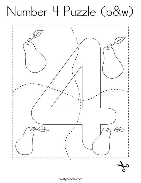 Number 4 Puzzle (b&w) Coloring Page - Twisty Noodle W Coloring Page, Twisty Noodle, Heart Coloring Pages, Holiday Lettering, Math Printables, Daycare Crafts, Printable Books, Number 4, Cut And Paste