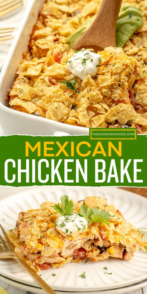 This easy Mexican Chicken Bake recipe is a one-pan meal that is quick to prepare and packed with flavor! Creamy chicken, beans, corn, tomatoes, cheese, crushed tortilla chips, and more combine into a casserole the entire family will enjoy. Perfect for busy weeknights or lazy weekends, this chicken Mexican bake is a dish you don’t want to pass up! Mexican Chicken Tater Tot Casserole, Easy Fiesta Chicken Bake, Texmex Chicken Casserole, Mexican Chicken Bake Taste Of Home, Mexican Chicken Bake, Tex Mex Chicken And Rice Casserole, Flavorful Chicken Breast Recipes, Mexican Chicken Casserole, Mexican Chicken Recipes