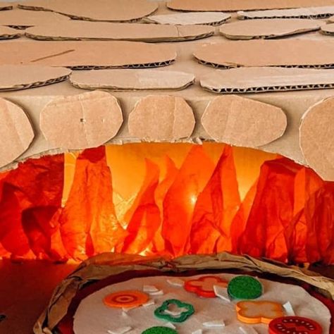 Studio Rosie on Instagram: "Cardboard Box Pizza Oven! 🍕  I think this pizza oven is Rosie's favorite cardboard creation! Every time I bring it out, Rosie has so much fun making pizzas 😊  The oven is made from two cardboard boxes stacked on top of each other with an arch cut out of the top. I covered the oven with stone shapes cut out of cardboard. The fire is red tissue paper cut into teardrop shapes and glued in a line with Christmas lights behind!  The pizzas are cardboard with felt sauce and felt cheese. The crust is brown paper crumpled up and glued to the edges. I cut up white felt strips for extra cheese (Rosie's favorite) and used some of our play food for toppings.  Hi, Pizza Man! is an adorable book about a little girl imagining who might be delivering a pizza to her house. A gr Felt Cheese, Paper Crumpled, Storybook Crafts, Kids Pizza, Diy Pizza Oven, Pizza House, Stone Shapes, Red Tissue Paper, How To Make Pizza