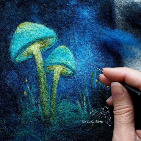 One to one needle felting session with Zenia aka The Lady Moth Tovad Ull, Glowing Mushrooms, Wool Painting, Felting Needles, Painting Step By Step, Felt Mushroom, Felt Wall Hanging, Mushroom Pictures, Magic Crafts