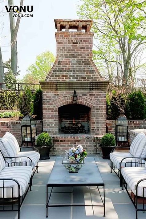 Dreamy Outdoor Retreats: Inspiring Spaces for Tranquil Living – VQNU Stone And Brick Fireplace, Outdoor Fireplace Brick, Rustic Outdoor Fireplaces, Small Covered Patio, Outdoor Stone Fireplaces, Stucco Fireplace, Winding River, Beautiful Property, Exterior Fireplace