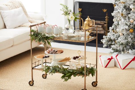 How-To | Create Your Own Hot Cocoa Bar Christmas Bar Cart, Holiday Bar Cart, Diy Bar Cart, Gold Bar Cart, Cart Ideas, Outside Bars, Bar Cart Styling, Cart Decor, Bar Cart Decor