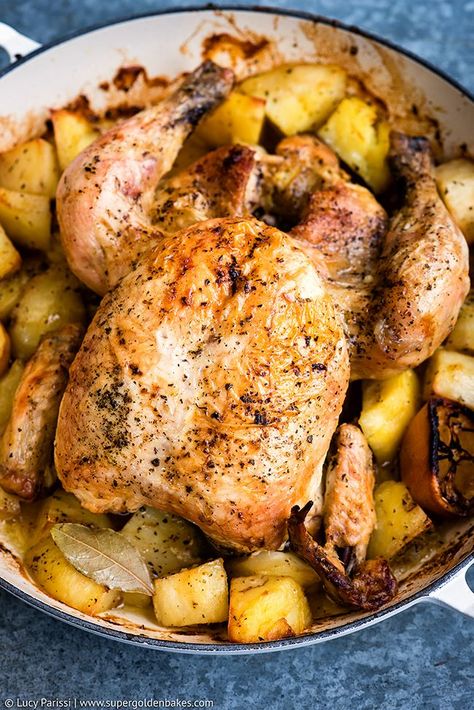 One-pot Greek Oven–Roasted Chicken and Potatoes - simple, easy and incredibly tasty! Oregano Potatoes, Best Whole Chicken Recipe, Whole Chicken Recipes Oven, Whole Roast Chicken Recipe, Chicken Greek, Greek Chicken And Potatoes, Whole Chicken Recipe, Whole Baked Chicken, Braised Chicken Breast