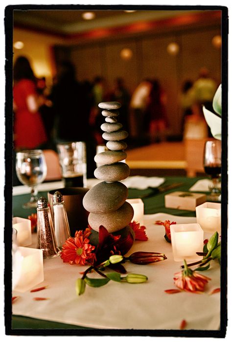 Wedding & Event Centerpiece Inspiration  Event Styling Crew can create a similar look for your Wedding or Event - www.eventstylingcrew.com.au  Image sourced from Pinterest. Rock Centerpieces, Asian Decor Living Room, Zen Wedding, Spring Wedding Outfit, Event Centerpiece, Rock Wedding, Party Table Settings, Budget Friendly Wedding, Rock Decor