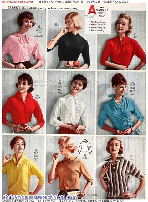 1958 Sears Fall Winter Catalog, Page 113 - Catalogs & Wishbooks Its Cold Outside, 50s Fashion, Baby Cold, Ruffle Blouse, Fall Winter, Women's Top, How To Wear