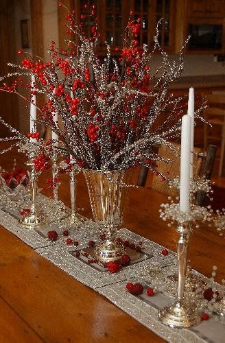 nice winter centerpiece. I used dark purple instead of red for my January wedding. Found most of the arrangement at Hobby Lobby Red And Silver Centerpieces, Mirror Table Centerpieces, 70th Birthday Ideas For Mom, Christmas Wedding Table, Winter Table Decorations, Christmas Mirror, Church Altar Decorations, Valentine Table Decorations, Silver Centerpiece