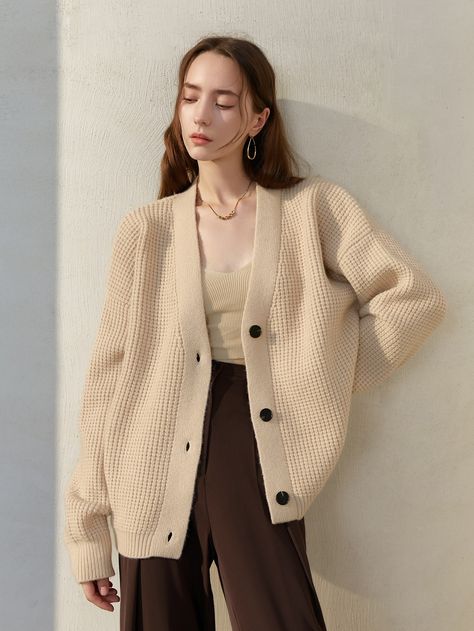 Khaki Casual Collar Long Sleeve Fabric Plain Cardigan Embellished Medium Stretch  Women Knitwear Beige Button Up Sweater Outfit, Beige Cardigan Outfits, Beige Long Cardigan Outfit, Beige Cardigan Outfit, Long Cardigan Outfit, Natural Kibbe, Plain Cardigan, Drop Shoulder Cardigan, Beige Outfit