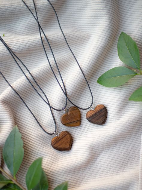 We love woodcraft and this hearts are one of the most important things that we made :-) We don't throw away leftover wood, we make from it our piece of jewelry. Size of hearts is between 3-4cm width Necklace is cca 45cm long Oiled with Odies oil Every piece is original. On every piece could be different wood drawing (depends whitch pieces of wood we used) We will send it in giftbox