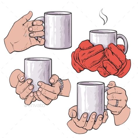 Set of well groomed female hands holding a cup with tea or coffee, sketch style vector illustration isolated on white background. Person Drinking Tea Reference, Hands Holding Bowl Reference, Person Drinking Drawing, Person Holding Something Drawing, Person Drinking Reference Drawing, Hand Holding Object Drawing, Person Holding Coffee Reference, Person Holding Mug Reference, Holding Coffee Pose Drawing