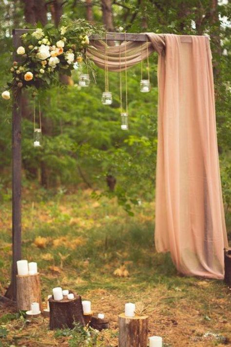 fabric draped wedding arch with floral and hanging manson jar lights Manson Jar, Fall Wedding Arches, Wedding Arches Outdoors, Diy Wedding Arch, Wedding Arch Rustic, Rustic Wedding Decorations, Wedding Ceremony Arch, Outdoor Fall Wedding, Wedding Altars