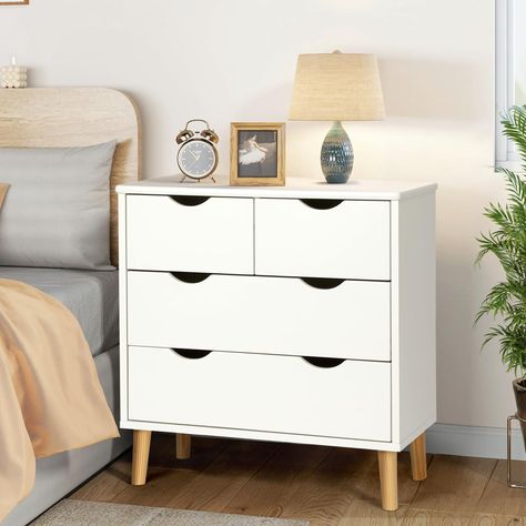 PRICES MAY VARY. Versatility: 11.8" D x 13.6" W x 24.4" H, this lightweight wood dresser can be a nightstand in the bedroom, placed in a closet to store clothing, or next to the sofa or in the hallway to store frequently used items, or place it in the nursery to store maternal and infant supplies, etc. Stylish & Compact Design: Stylish white finish and panels, simple hollow handles and sturdy solid wood legs make the 4-drawer chest the perfect addition to your home decor. The compact design prov Short Dresser, Dresser Decor Bedroom, Dresser Nightstand, Small Dresser, Dresser For Bedroom, Drawers Dresser, Wooden Bedroom, 4 Drawer Dresser, White Drawers