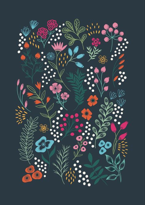 Hand illustrated folk floral print. Illustration, Print, Pattern, Surface Design, Stationery, Textile, Art Licensing. Folk Art Flowers Floral Patterns, Modern Floral Illustration, Floral Print Illustration, Spring Pattern Illustration, Terracotta Painting, Wildflower Artwork, Folk Art Wallpaper, Folk Art Patterns, Simple Floral Pattern