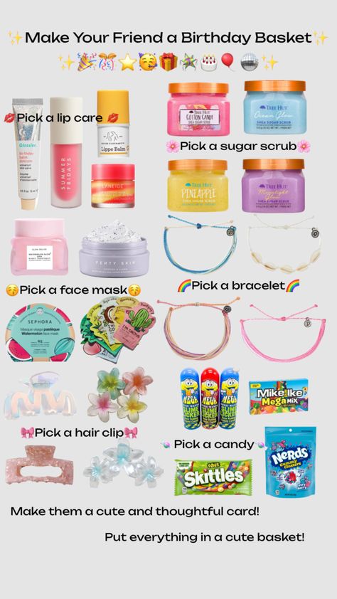 #beauty #outfitinspo #birthday #preppy #skincare Teen Birthday Gifts, Bur Basket, Summer Birthday Gifts, Birthday Preppy, Preppy Birthday Gifts, Summer Gift Ideas, Girly Gifts Ideas, Birthday Gift Basket, Making A Gift Basket