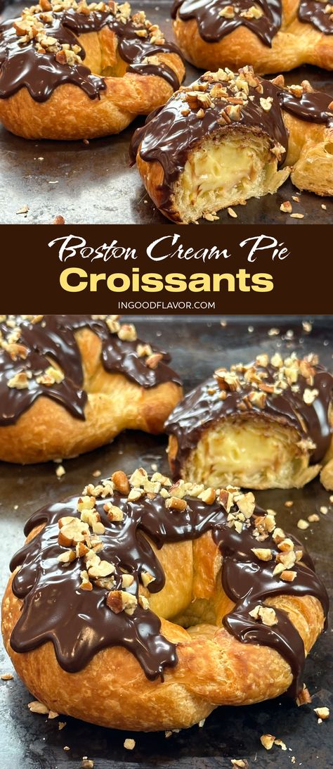 Boston Cream Pie Croissants Croissant With Chocolate Filling, Cheesecake Stuffed Croissants, Boston Cream Pie Croissants, Custard Filled Croissant, Cozy Baked Goods, Sweet Croissant Fillings, White Chocolate Croissant, Homemade Crissonts Recipe, Cream Filled Croissants