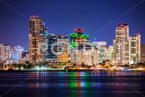 Colorful skyline san diego at night. north san diego bay. Stock Photos #AD ,#san#diego#Colorful#skyline San Diego At Night, Stairs To Heaven, San Diego Skyline, Night Skyline, San Diego Bay, Portfolio Template Design, San Diego Real Estate, Engagement Photo Locations, Downtown San Diego