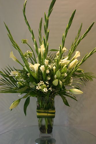 white arrangement- lilies, Callas, ornithogalum, gladiolus while at Garden Party Flowers, Vancouver BC Gladiolus Flower Arrangements, Flower Arrangements For Home, Gladiolus Arrangements, White Flower Arrangements, Gladiolus Flower, Altar Flowers, Large Flower Arrangements, Church Flower Arrangements, Church Flowers