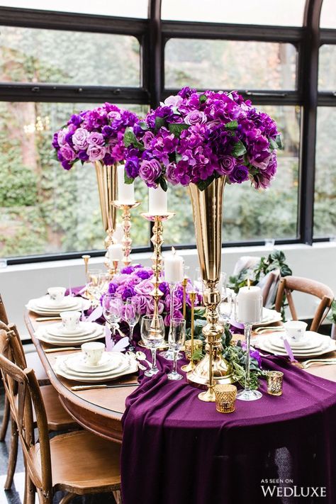 WedLuxe – Purple Princess | Photography by: Avenue Photo Follow @WedLuxe for more wedding inspiration! Elegant Tablescapes, Tall Flower Vase, Purple Wedding Decorations, Purple And Gold Wedding, Purple Princess, Purple Wedding Theme, Gold Wedding Theme, Lilac Wedding, Purple Party