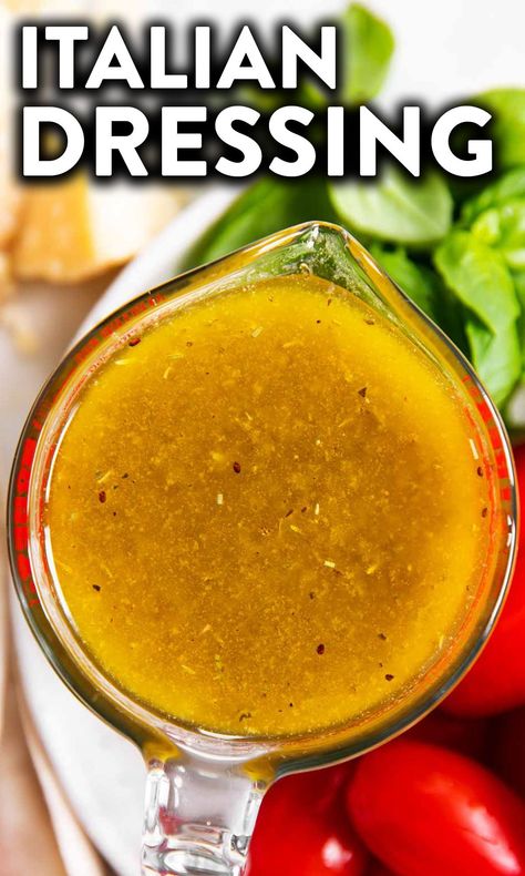 It is so easy to make Italian Dressing at home – just a few ingredients and a couple of minutes are needed to whip up a batch. Use it on your favorite salad or store it in the fridge for up to 3 days – a great recipe to make ahead for easy meal prep later! | #homemade #salad #easyrecipes #healthyfood #healthycooking #healthyrecipes Home Made Italian Dressing Easy, Make Italian Dressing, Homemade Italian Salad, Italian Salad Dressing Recipe, Italian Salad Dressing Homemade, Italian Dressing Recipe, Vegan Salad Dressing Recipes, Italian Dressing Recipes, Homemade Dressings