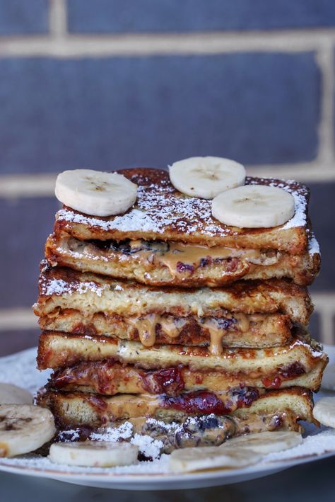 Peanut Butter and Jelly Stuffed French Toast - Everything Erica Baked French Toast Overnight, French Toast Custard, Overnight Baked French Toast, Easy Stuffed French Toast, Peanut Butter Jelly Recipes, Stuffed French Toast Recipe, French Toast Bake Overnight, Baked French Toast, Stuffed French Toast