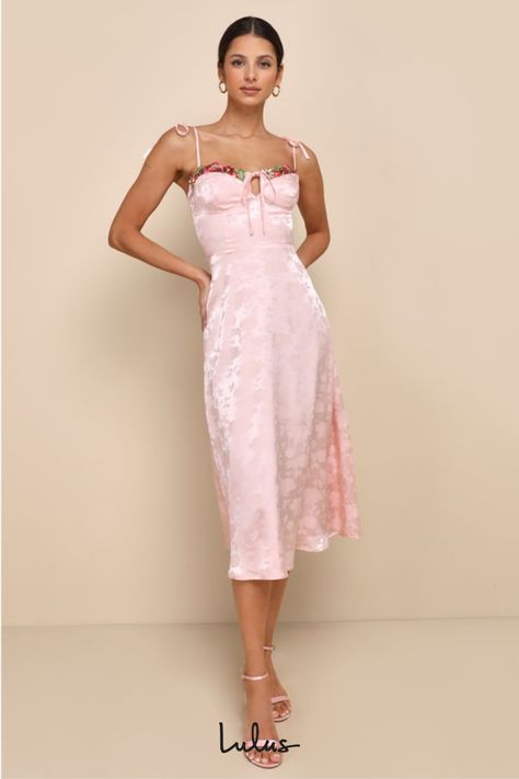 Make your day extra whimsical by slipping into the Lulus Ethereal Muse Light Pink Satin Jacquard Embroidered Midi Dress! Sleek woven satin jacquard boasts a sweet floral pattern as it falls from tying straps into a sweetheart neckline that features colorful floral embroidered trim and a sweet tying keyhole detail. The bustier-inspired bodice and high, fitted waist sit atop a classic A-line skirt that finishes at a chic midi hem. Hidden back zipper/clasp. Fit: This garment fits true to size. Leng Pref Dresses, Pink Tea Party Dress, 90s Pink Dress, Light Pink Satin Dress, Midi Pink Dress, Pink Satin Midi Dress, Pastel Midi Dress, Midi Dress Satin, Chic Outfits Edgy